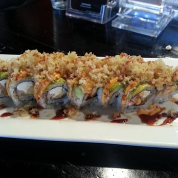 Volcanic Sushi + Sake - ALEXANDER ROLL: shrimp tempura, cream cheese, krab, topped with avocado with crunch, spicy mayo and eel sauce - Sushi Bars Near Me - Gainesville, Florida