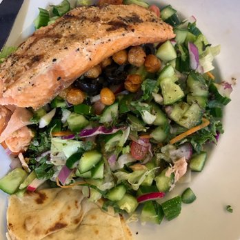 Hungry's - Greek Salad with grilled salmon - New American Near Me - Houston, Texas Hungry's - Greek Salad with grilled salmon - New American Near Me - Houston, Texas