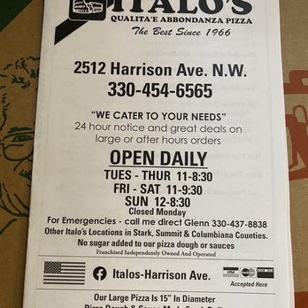 Italo's Pizza - Menu (front) as of 16 May 2021 - Pizza Near Me - Canton, Ohio Italo's Pizza - Menu (front) as of 16 May 2021 - Pizza Near Me - Canton, Ohio