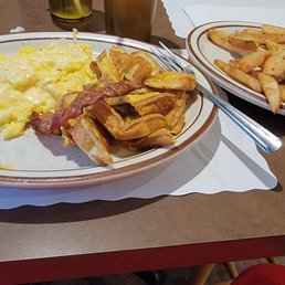 Eggs French toast bacon side of home fries