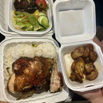 Pollo A La Brasa - 1/2 chicken with rice and salad. Added a side of plantains. - Latin American Near Me - Los Angeles, California Pollo A La Brasa - 1/2 chicken with rice and salad. Added a side of plantains. - Latin American Near Me - Los Angeles, California