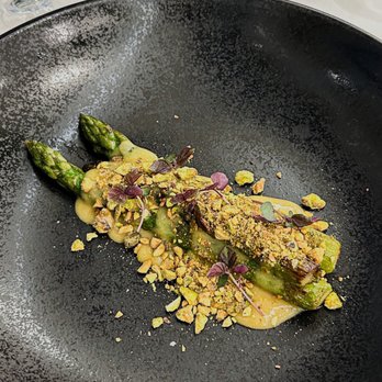 Populaire Modern Bistro - California Delta Asparagus - Miso Sabayon, Pistachio, Shiso - French Near Me - Costa Mesa, California Populaire Modern Bistro - California Delta Asparagus - Miso Sabayon, Pistachio, Shiso - French Near Me - Costa Mesa, California