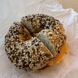 Breakfast sandwich, bacon egg and cheese with Spicy everything bagel