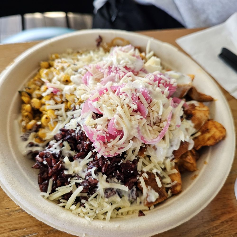 Bolay - Regular bowl with Asian Sweet Potato Noodles, Black Rice, Teriyaki Chicken, Feta & Pickled Red onions - New American Near Me - West Palm Beach, Florida Bolay - Regular bowl with Asian Sweet Potato Noodles, Black Rice, Teriyaki Chicken, Feta & Pickled Red onions - New American Near Me - West Palm Beach, Florida