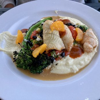 The Bistro At Ten Acres - Dish of the day: flounder of polenta with veggies (and I forget the rest) - American Near Me - Stowe, Vermont The Bistro At Ten Acres - Dish of the day: flounder of polenta with veggies (and I forget the rest) - American Near Me - Stowe, Vermont