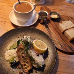 Tall Trees Muskoka - Caesar wedge salad with parmesan, garlic oil and bacon bits, and house foccacia bread with butter, and coffee