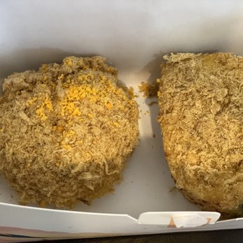 LA LA Bakeshop - Left: Lava salted egg bun ($5.8): Pork floss outside.  Right: Scallion and cured sausage bun ($3.8) - Bakeries Near Me - Scarborough, Ontario