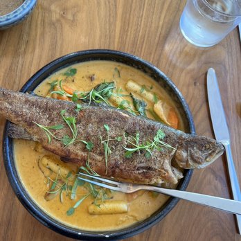 Alewife - Grilled fish with curry sauce and veggies - Seafood Near Me - Richmond, Virginia Alewife - Grilled fish with curry sauce and veggies - Seafood Near Me - Richmond, Virginia
