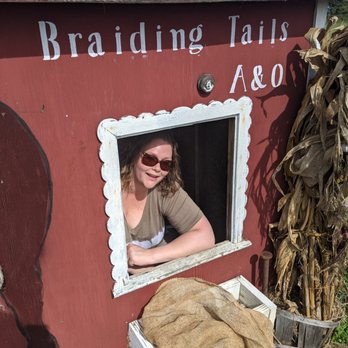 Alpha and Omega Corn Maze - Rachel ready to braid your pony tail - Attraction Farms Near Me - Hamptonville, North Carolina