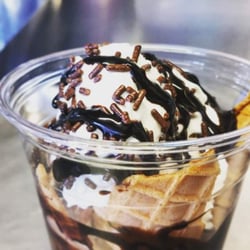 Branch's bird nest sundae (soft serve ice cream with York peppermint syrup, chocolate sprinkles in a waffle cone birds nest)
