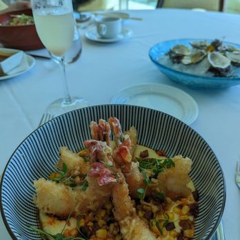 53 By The Sea - Shrimps and grits with a peach mimosa - Seafood Near Me - Honolulu, Hawaii 53 By The Sea - Shrimps and grits with a peach mimosa - Seafood Near Me - Honolulu, Hawaii
