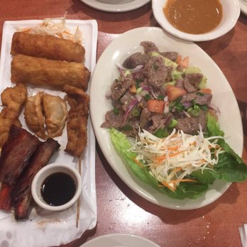 Thai Orange Cuisine - Thai Orange Sampler, Beef Salad, Egg drop & Wonton Soup. Yum! - Thai Near Me - Lake Worth, Texas Thai Orange Cuisine - Thai Orange Sampler, Beef Salad, Egg drop & Wonton Soup. Yum! - Thai Near Me - Lake Worth, Texas