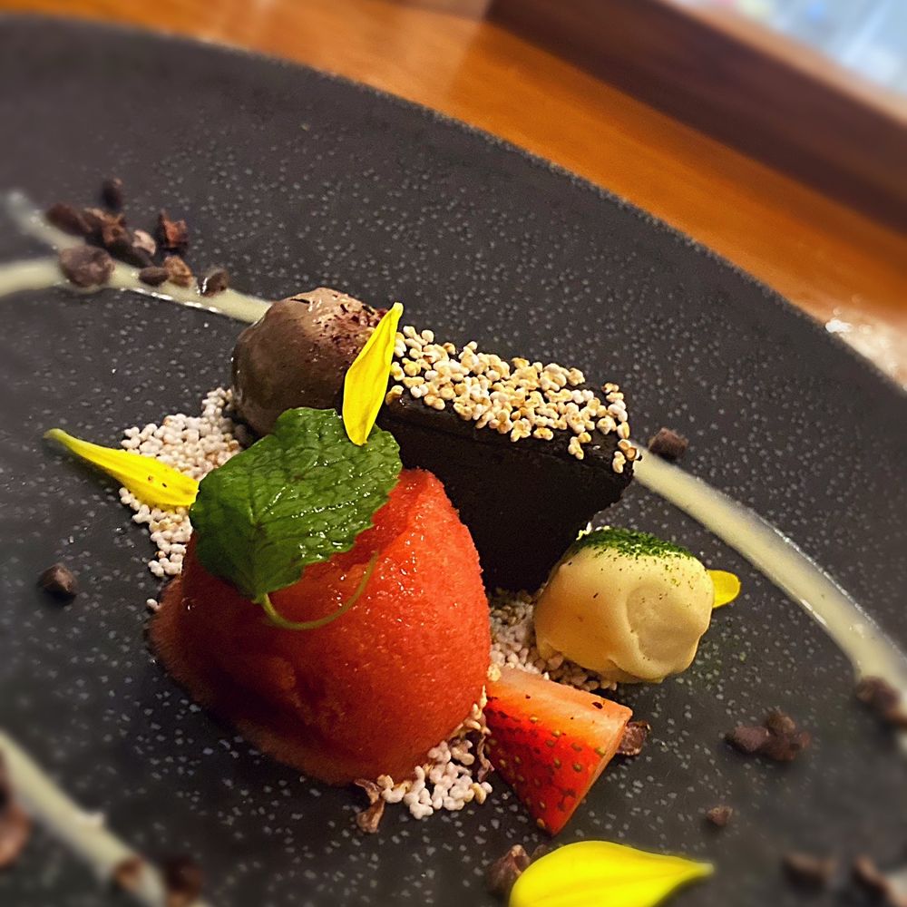 The Alden - LUNAR CHOCOLATE truffles ~ popped grains ~ strawberry sorbet - New American Near Me - Chamblee, Georgia