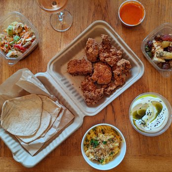 Mamnoon - Fried chicken "mama" meal for two ($40), with mac and cheese, pickled veggies, olives and feta, labneh and pita. - Lebanese Near Me - Seattle, Washington Mamnoon - Fried chicken "mama" meal for two ($40), with mac and cheese, pickled veggies, olives and feta, labneh and pita. - Lebanese Near Me - Seattle, Washington
