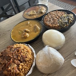 Jollof with chicken/goat Okra soup with mixed meat Egusi soup with mixed meat Spinach stew/soup and beans Fufu and pounded yam Jollof with chicken/goat Okra soup with mixed meat Egusi soup with mixed meat Spinach stew/soup and beans Fufu and pounded yam