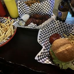 burgers and fries on a table