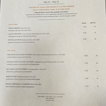 Lodi Wine Visitor Center - Menu of choices available for a tasting for the week. - Wineries Near Me - Lodi, California