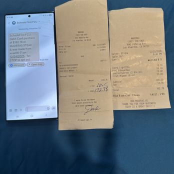Maderas Steak & Ribs - Our bank notification of $182 and the receipt showing actual amount that we tipped. - Barbeque Near Me - Los Alamitos, California Maderas Steak & Ribs - Our bank notification of $182 and the receipt showing actual amount that we tipped. - Barbeque Near Me - Los Alamitos, California