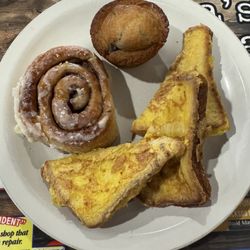 French toast, blueberry muffin, cinnamon roll