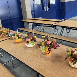 The end of class each week flower arrangement done by students to take home