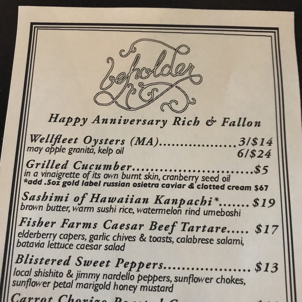 Beholder - Custom menu for our anniversary - New American Near Me - Indianapolis, Indiana