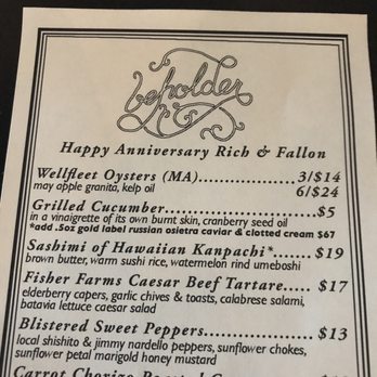 Beholder - Custom menu for our anniversary - New American Near Me - Indianapolis, Indiana