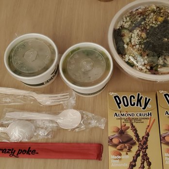 Crazy Poke - Large Bowl with 3 proteins, Miso Soup w/ Organic Edamame Tofu, and Pocky Almond Crunch Chocolate Sticks. - Poke Near Me - Miami, Florida
