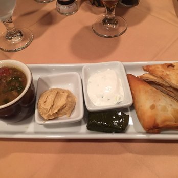 Bistro 118 - First course: meze platter (dolmades, spanakopita, tzatziki, hummus with pita chips) AND lentil soup. HUGE! - Diners Near Me - Tampa, Florida