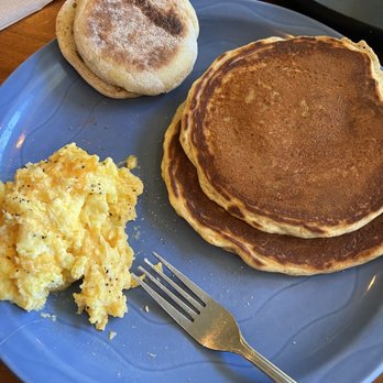 The Big Blue Cafe - Pancakes, scrambled eggs with cheddar and English muffin - Breakfast & Brunch Near Me - Arcata, California The Big Blue Cafe - Pancakes, scrambled eggs with cheddar and English muffin - Breakfast & Brunch Near Me - Arcata, California