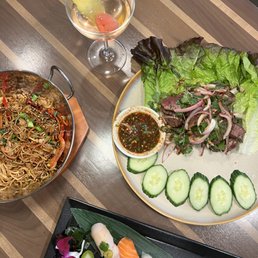 Crab Yakisoba, Tiger Steak, Lychee Martini, and Chef's Choice Sashimi Crab Yakisoba, Tiger Steak, Lychee Martini, and Chef's Choice Sashimi