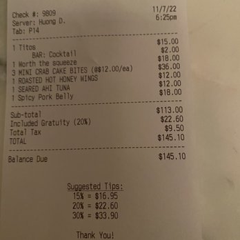 Ciel Downtown - The check (they add automatic 20% gratuity) - Tapas/Small Plates Near Me - Washington, DC, District of Columbia
