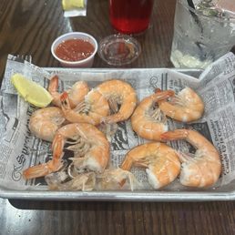 Happy hour peel and eat shrimp. Perfectly cooked and huge. Happy hour peel and eat shrimp. Perfectly cooked and huge.