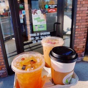 Frappe Joe Coffee Roasters - american beauty latte with almond milk (back), hot chocolate (right), iced peach tea shaker (left) - Coffee & Tea Near Me - Edison, New Jersey Frappe Joe Coffee Roasters - american beauty latte with almond milk (back), hot chocolate (right), iced peach tea shaker (left) - Coffee & Tea Near Me - Edison, New Jersey