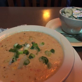 Teschner's Tavern - Tasty shrimp corn chowder with cucumber dill salad in background - Dive Bars Near Me - Richfield, Ohio Teschner's Tavern - Tasty shrimp corn chowder with cucumber dill salad in background - Dive Bars Near Me - Richfield, Ohio