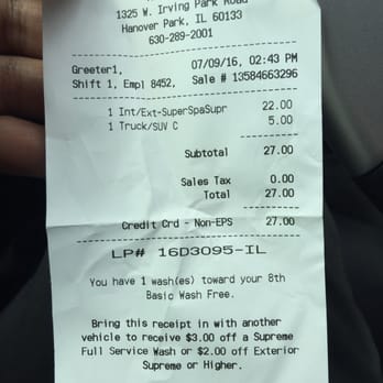 H2O Auto Spa - Receipt showing I just got the wash - Car Wash Near Me - Hanover Park, Illinois