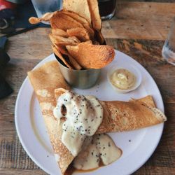 Steak and egg crepes with pomme frites