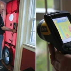 Green Energy Audits - We do a blower door test to establish leak rate with the outside, then use an infrared camera to find where leaks are located.