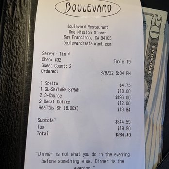Boulevard - Our bill for 2 - New American Near Me - San Francisco, California Boulevard - Our bill for 2 - New American Near Me - San Francisco, California