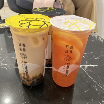 Sunright Tea Studio - Chino - Left: Ceylon milk tea with brown sugar boba (75% sweet) Right: Grapefruit Jasmine - Bubble Tea Near Me - Chino, California
