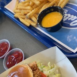 Culver's - Crispy chicken sandwich, crinkle fries, and cheese sauce