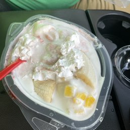 Banana split with liquid ice cream not soft serve. Banana split with liquid ice cream not soft serve.