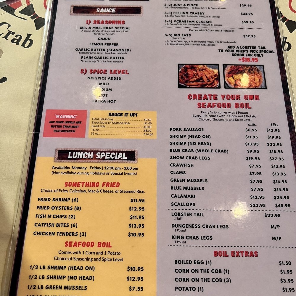 Mr. & Mrs. Crab Ocoee - Menu 6/16/2023 - Seafood Near Me - Ocoee, Florida