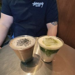 Roasted black sesame latte + Matcha cream top Roasted black sesame latte + Matcha cream top