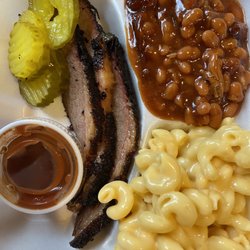 Lazy P BBQ - Brisket plate with beans and Mac and cheese. 11/10!!!!