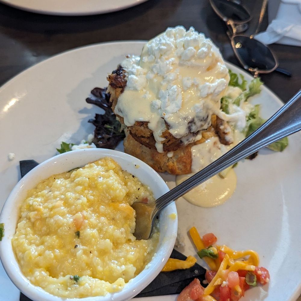 B Matthews Eatery - Crabcake, fried green tomatoes, and biscuit with grits! - New American Near Me - Savannah, Georgia B Matthews Eatery - Crabcake, fried green tomatoes, and biscuit with grits! - New American Near Me - Savannah, Georgia