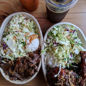 Buddha Bruddah - Grilled Hawaiian beef on the left and garlic chicken on the right. - Asian Fusion Near Me - Seattle, Washington
