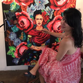 The iN Gallery - The artist herself, Irena Negulescu, working on her homage painting of Frida Kahlo as a tribute to her Barrio Logan community - Art Galleries Near Me - San Diego, California The iN Gallery - The artist herself, Irena Negulescu, working on her homage painting of Frida Kahlo as a tribute to her Barrio Logan community - Art Galleries Near Me - San Diego, California