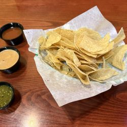 House made chips with red salsa, green salsa and bean dip