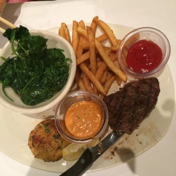 Bonefish Grill - Sirloin & Crab cake. French Fries. Spinach. - Seafood Near Me - Langhorne, Pennsylvania