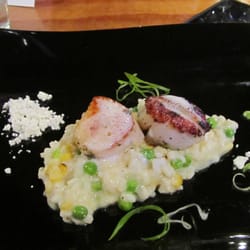 279 Bar And Grill - Big ass scallops, basil dusted on corn and pea risotto, blood orange sauce, lemon bubbles